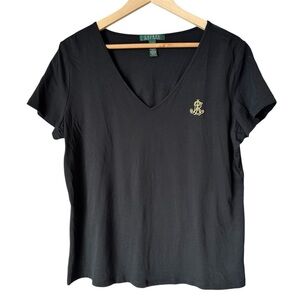 Ralph Lauren Classic Black Women's Short Sleeve V Neck T-Shirt Top, XL